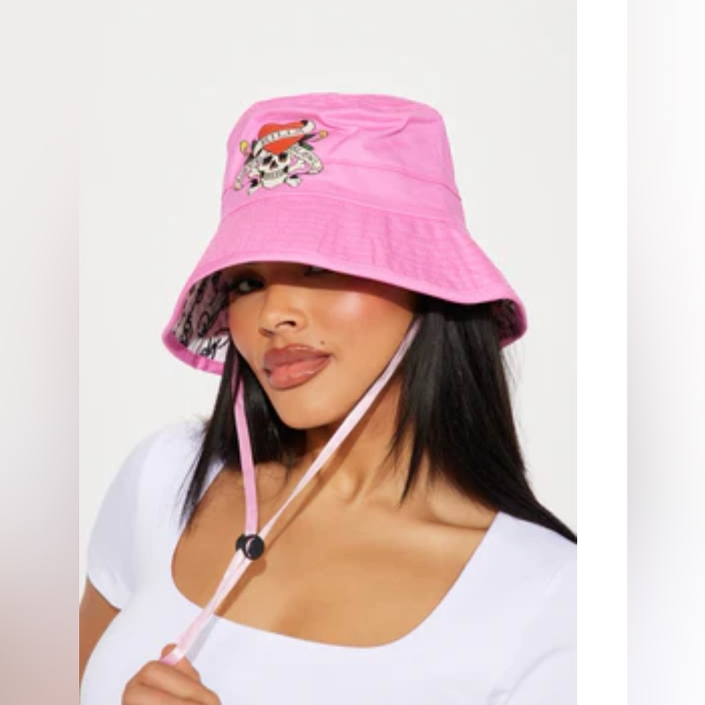 Pink Bucket Hat with Ed Hardy Embroidered Design